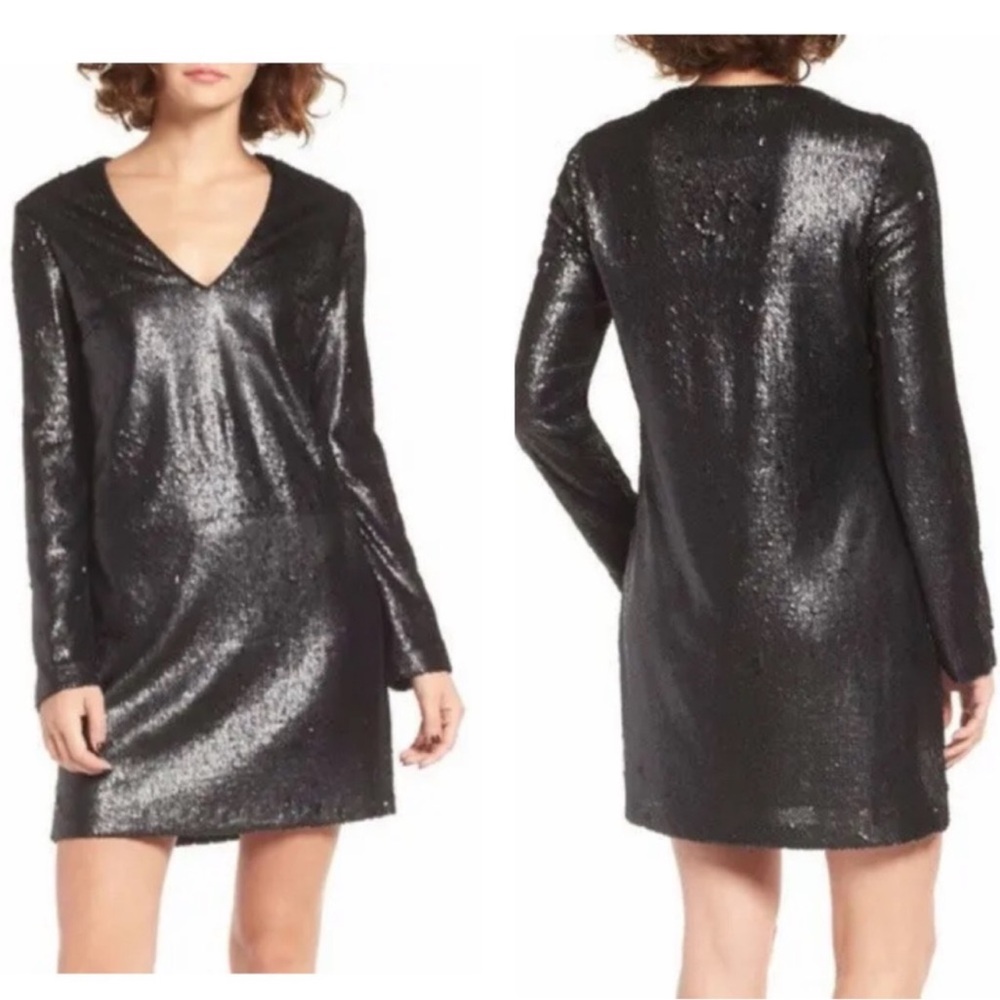 Wayf Sequin Matte Black Cocktail Dress Long Sleeve V-neck size S